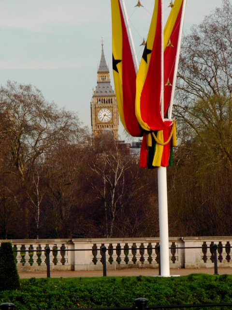 ghanabigben The colors of Ghana fly proudly over Buckingham Palace with Big Ben in the background during the week of Ghana’s 50th anniversary of independence from the British Empire.